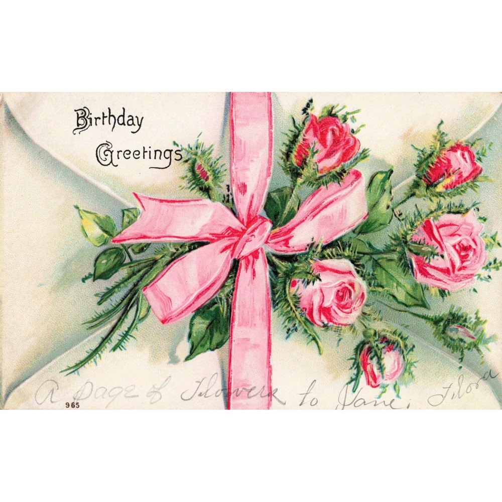 Vintage Embossed Birthday Greetings Postcard Pink Roses Ribbon Floral 965 VG - Picture 1 of 2